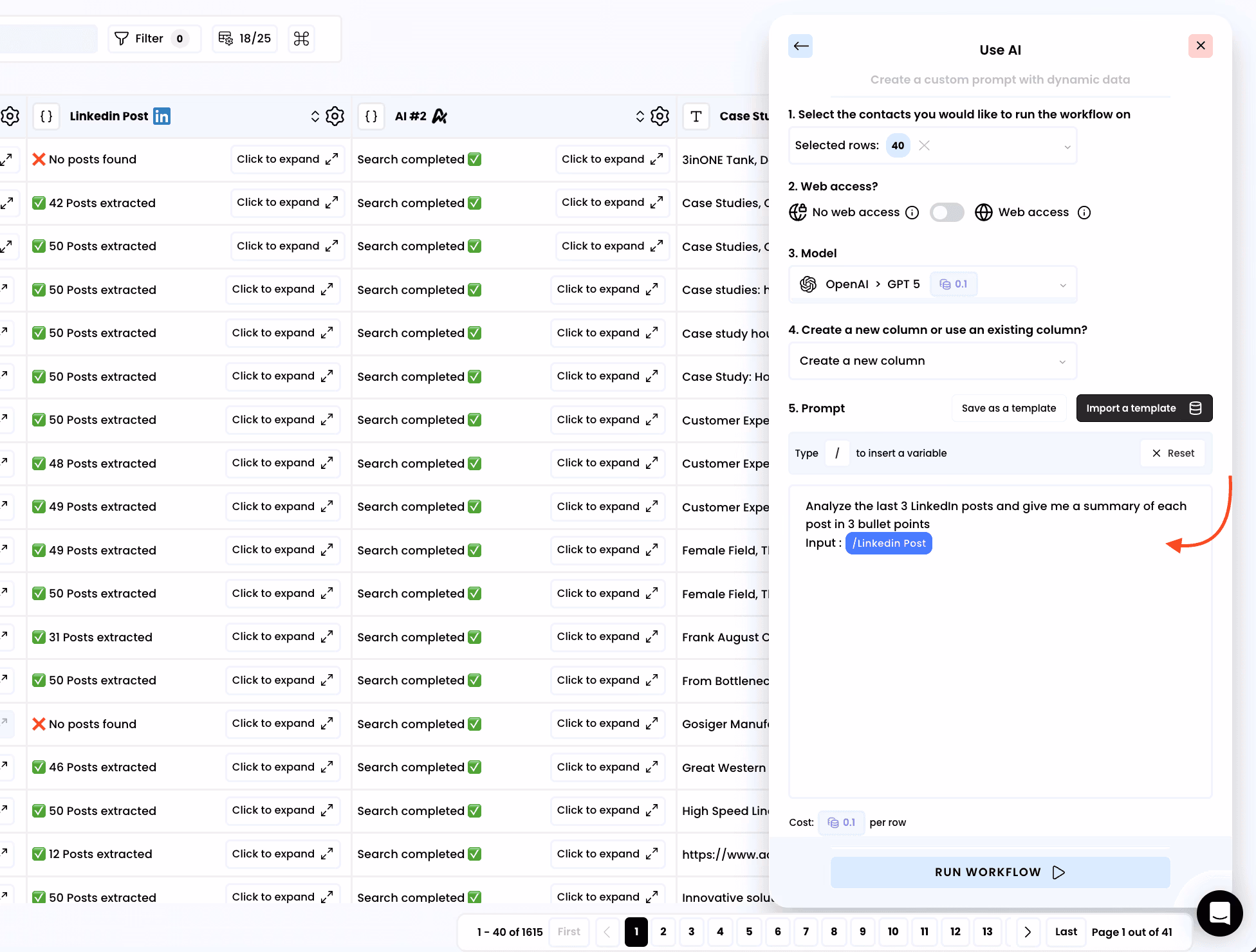 Airsearch researching companies in an Airscale table